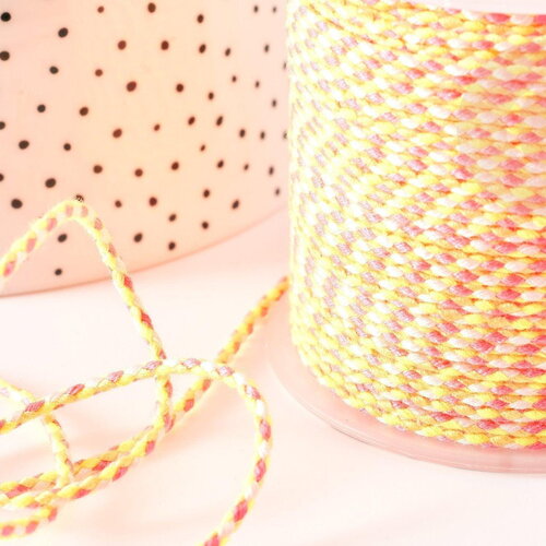 Cordon tressé coton jaune orange rose 2mm, x 1 mètre (g9123)