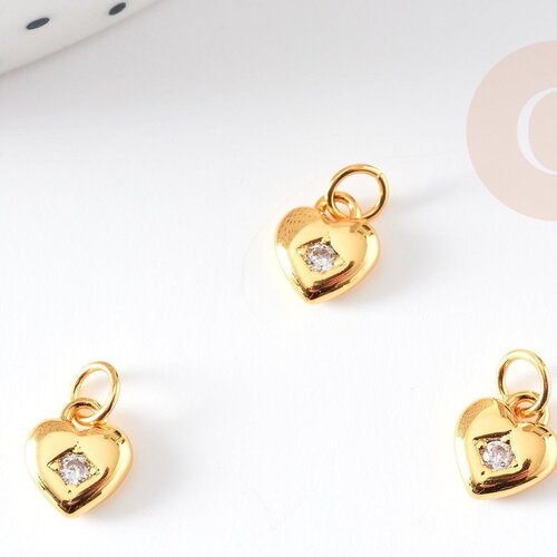 Breloque cœur laiton doré 18k étoile cristal,sans nickel,création bijoux,pendentif amour, pendentif zircon,7.5mm, x1 g4065