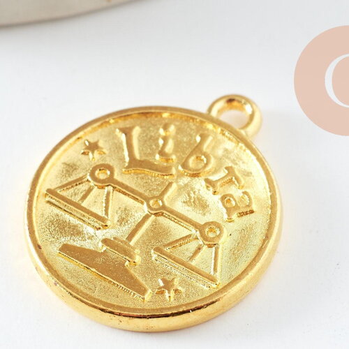 Pendentif médaille ronde signa astrologique zamac doré 20mm, x1 (g4814)