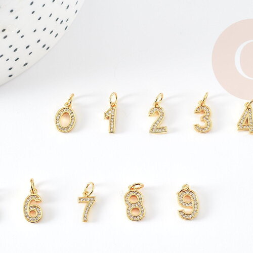 Pendentif numéro laiton doré zircon blanc 11mm, x1 (g3640)