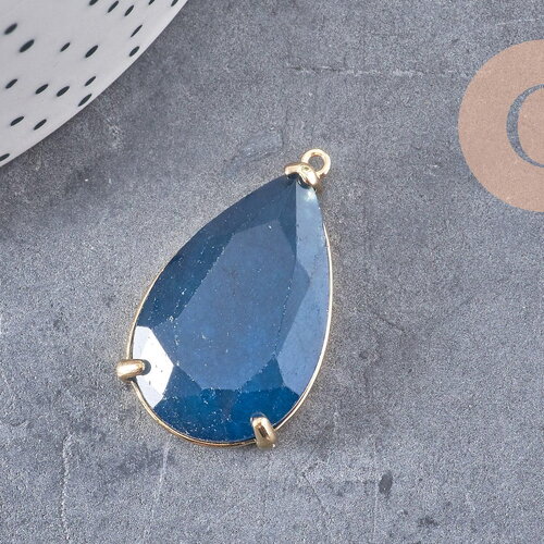Pendentif goutte agate naturelle bleu laiton doré 32mm, x1 (g2040)