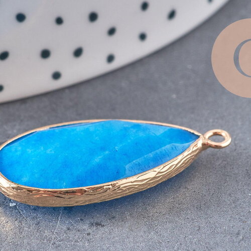 Pendentif goutte jade bleu doré, pendentif jade, pendentif pierre,jade naturel, jade teinté bleu,33mm, x1 g5224