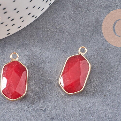 Pendentif hexagone jade naturel rouge laiton doré 25mm, x1 (g1870)