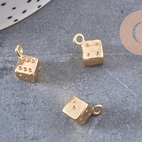 Pendentif dé 6 faces doré 18k et zircons 13.5mm, x1 (g4267)
