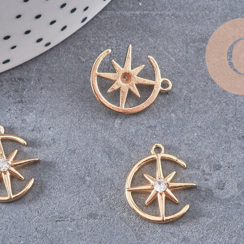 Pendentif rond étoile du nord laiton doré 18k zircon 18mm, un pendentif doré avec cristaux pour création bijoux, x1 g5514