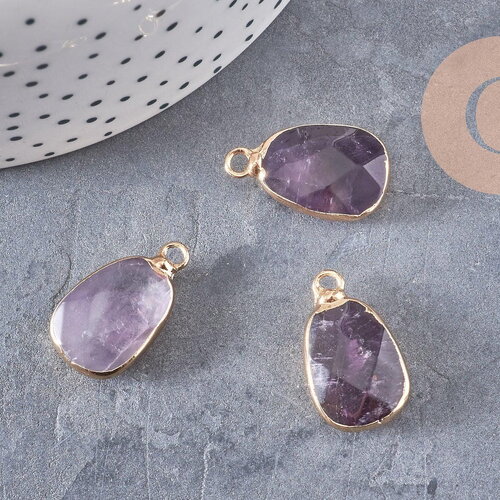 Pendentif améthyste violette, fournitures créatives, pendentif pierre, support doré, 25mm, x1 g1044