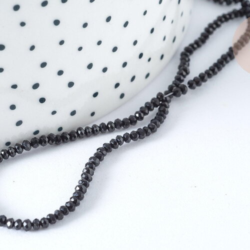 Perle ronde verre facettée noire 2mm, fourniture diy, fil de 37cm, x1 (g7398)