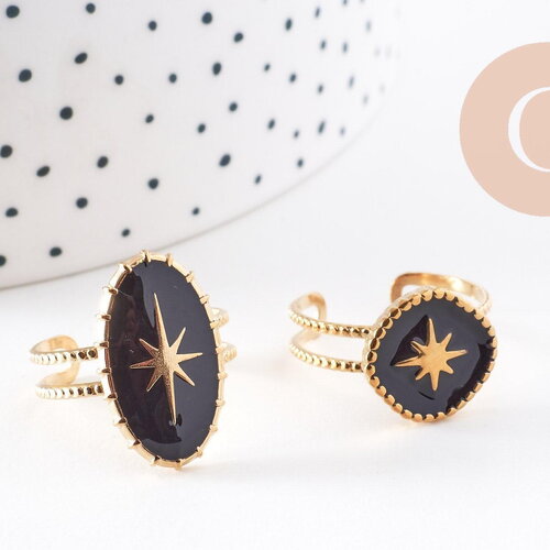 Bague réglable étoile émail noir acier doré taille 54, x1 (g7641)