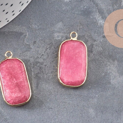 Pendentif rectangle jade naturel rose facettes laiton doré 31mm, x1 (g11043)