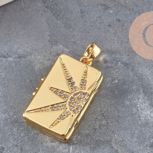 Pendentif locket rectangle laiton doré 18k étoiles zircons 23.5mm, x1 (g11042)