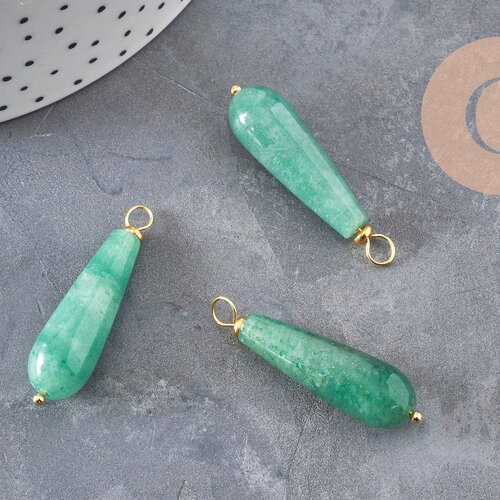 Pendentif goutte aventurine naturel laiton &amp; acier doré 38mm, x1 (g11051)