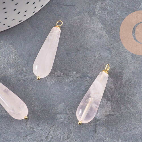 Pendentif goutte quartz rose naturel laiton &amp; acier doré 38mm, x1 (g11052)