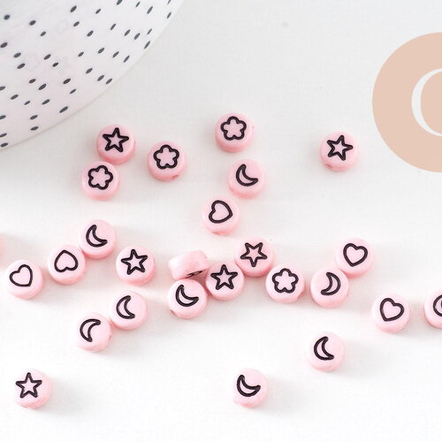 Perle ronde étoile nuage coeur lune plastique rose, x10 ou 50 grammes (g3284)