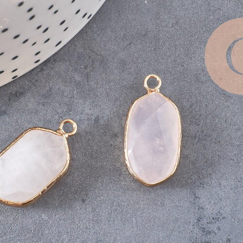 Pendentif hexagone quartz rose,pendentif pierre, support doré,création bijou,pierre naturelle,bijou pierre, quartz rose naturel,25mm-g1867