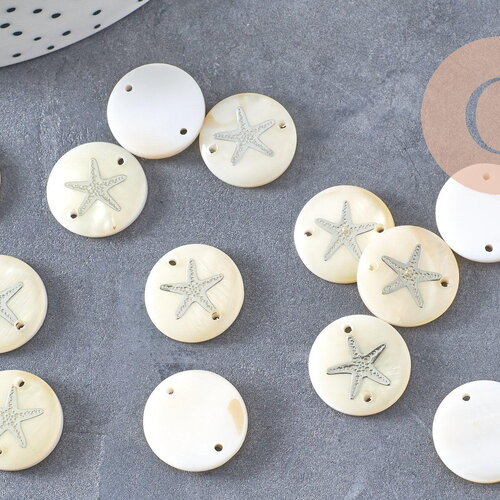 Pendentif rond nacre ancre argenté, pendentif ancre,coquillage blanc,coquillage naturel,création bijoux,16mm,2 trous x10 (g1070)