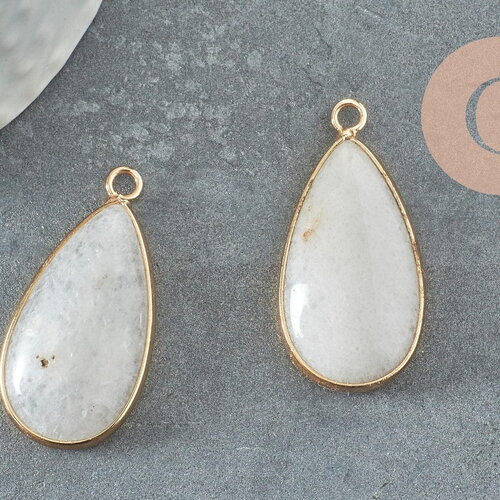 Pendentif goutte jade blanc laiton doré 33mm, x1 (g3381)