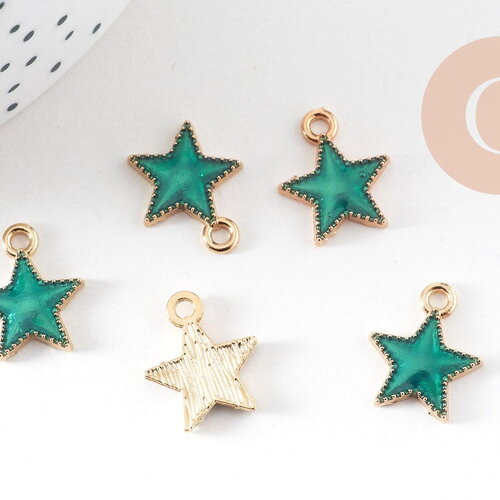 Pendentif étoile zamac doré résine verte 15mm,pendentif doré pour création de bijoux, x5 (g6099)