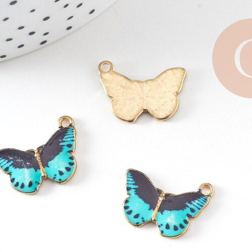 Pendentif papillon émail bleu zamac doré zamac doré 20mm, x5 (g4570)