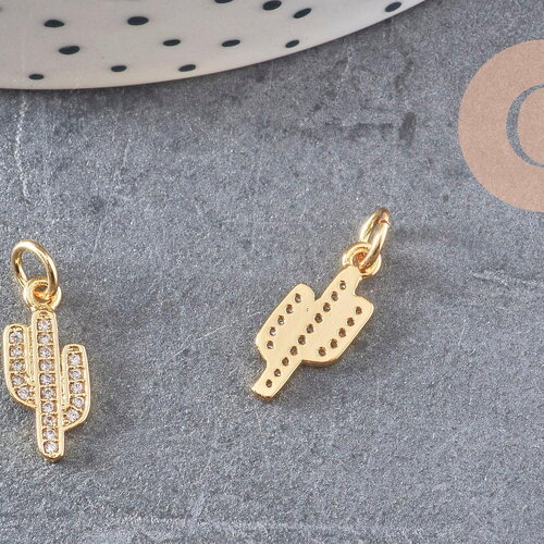Breloque cactus laiton doré 18k cristal,sans nickel,western états-unis,pendentif porte bonheur, pendentif zircon,15mm x1 (g0484)