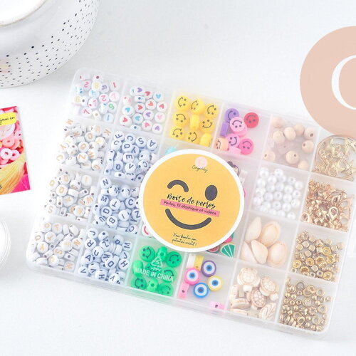 Kit boite mix de perles lettre et smiley, x1 (g10792)