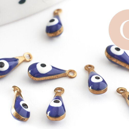 Pendentifs doré goutte fleur émail bleu foncé, mauvais oeil, laiton doré, pendentif chance, 9mm, x10 g3560