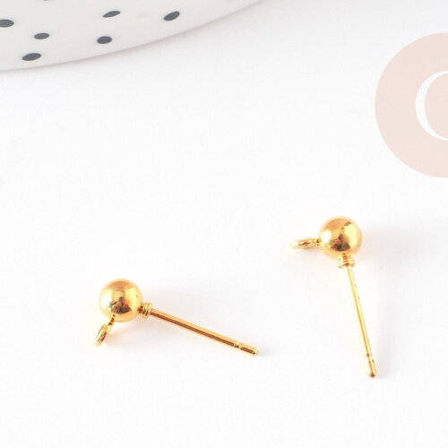 Clous-puces oreille boule fer doré et anneau 5mm, x10 (g8957)