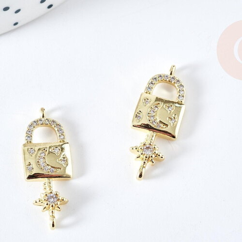 Breloque cadenas lune laiton doré 18k cristal 28mm, x1 (g2978)