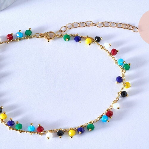 Bracelet chaine cheville laiton et perles multicolores verre 25.4cm, x1 (g4090)
