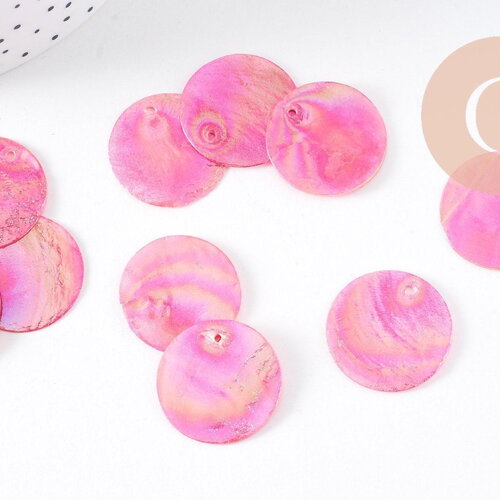 Pendentif rond nacre rose fuchsia irisé 25mm, x10 (g3975)