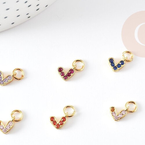 Breloque coeur zircons colorés laiton doré 18k 8mm, x1 (g3485)