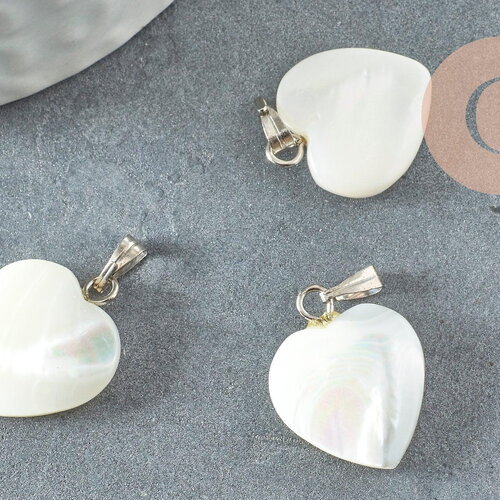 Pendentif coeur nacre blanche naturelle platine,pendentif coeur,coeur nacre,coquillage blanc,création bijou, 20mm, x1 ou x5 g3992