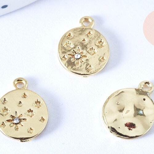 Pendentif rond étoile strass cristal blanc laiton doré 15mm,sans nickel pendentif chance,15mm, x1 (g7114)