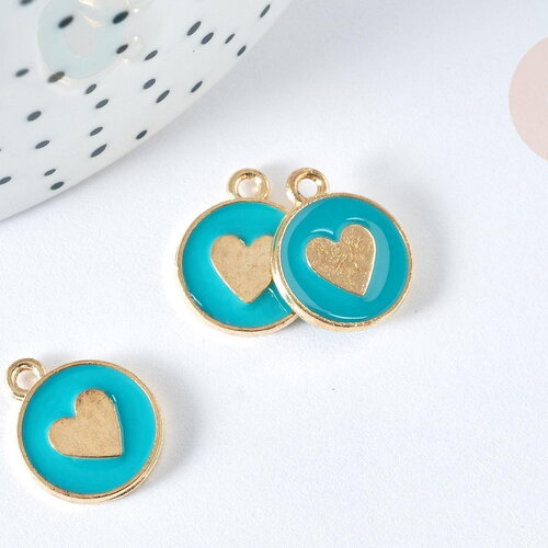 Pendentif médaille rond cœur émail turquoise zamac doré, création bijou amour, x1 (g7422)