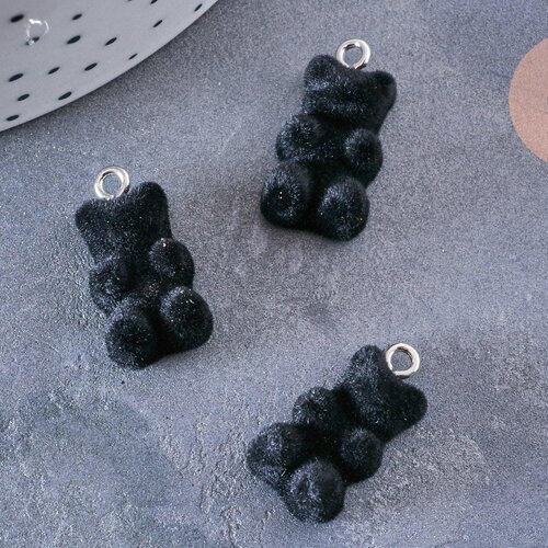 Pendentif ourson floqué velours noir résine platine, pendentif enfance, x2 (g6644)