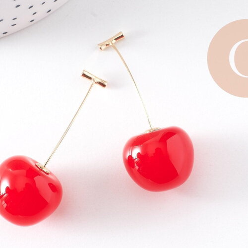 Boucles d'oreille cerise résine rouge zamac doré 50mm, la paire (g10355)