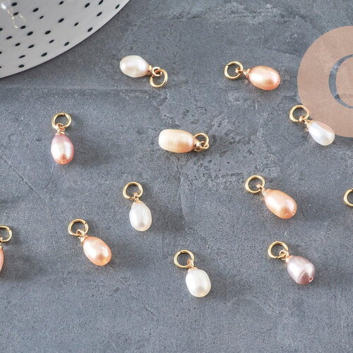 Breloque perle d'eau douce naturelle goutte rose pêche laiton 11mm, x1 (g11275)
