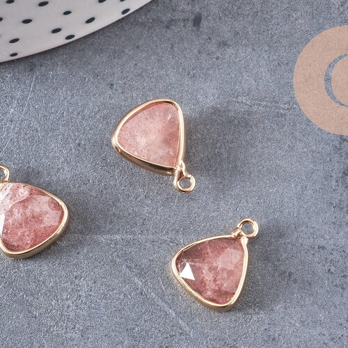 Pendentif triangle quartz fraise, pendentif pierre, support doré, création bijoux pierre naturelle, pierre naturelle, 19mm, x1, g5628