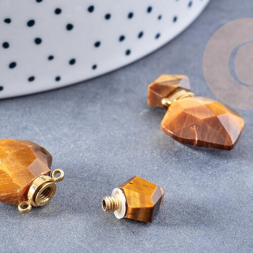 Pendentif bouteille parfum oeil de tigre naturel laiton 27mm, x1 (g8632)