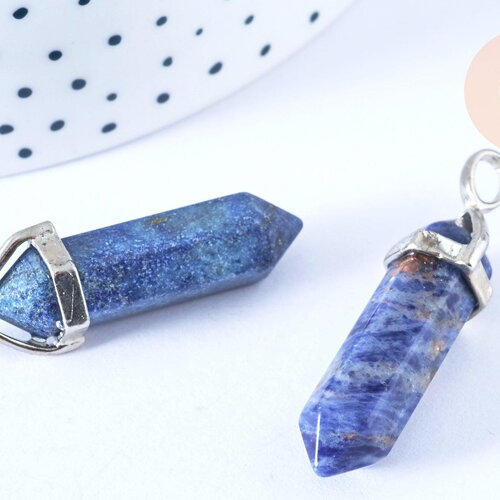Pendentif pointe lapis-lazuli naturel laiton argenté 39-41mm, x1 (g7091)