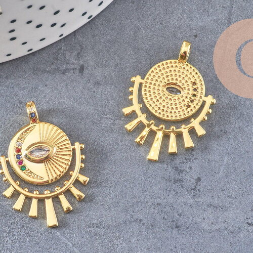 Pendentif médaille ronde oeil laiton doré 18k zircons 31mm, x1 (g4656)