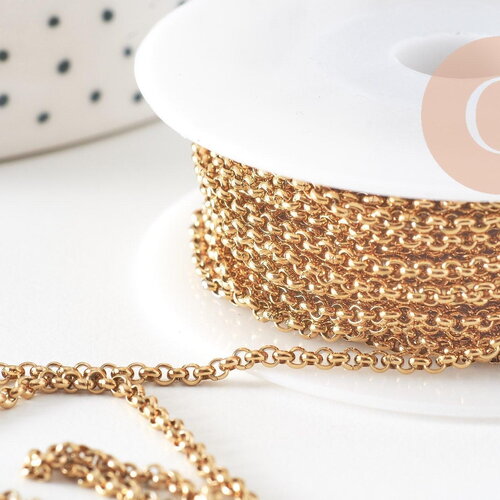Chaine rolo acier inoxydable 304 doré ip 18k maille rolo 2mm, x1mètre (g2057)