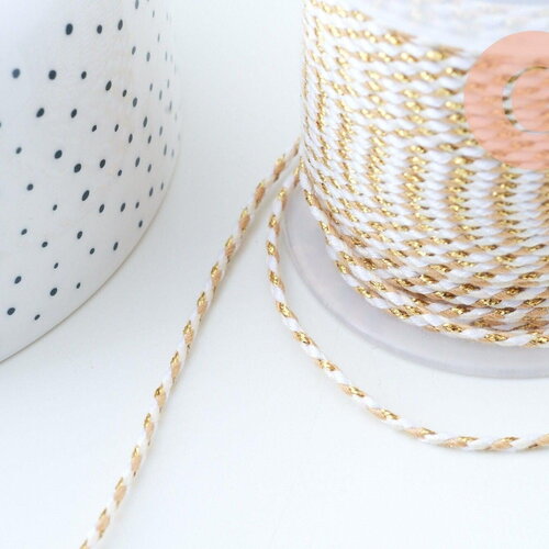 Cordon tressé blanc beige fil doré 1.5mm-2mm, x1 mètre (g6069)