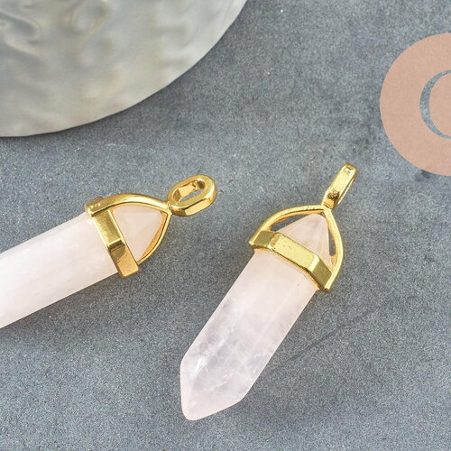 Pendentif pointe quartz rose naturel zamac doré 39-41mm, création bijoux pierre naturelle, x1 g1649