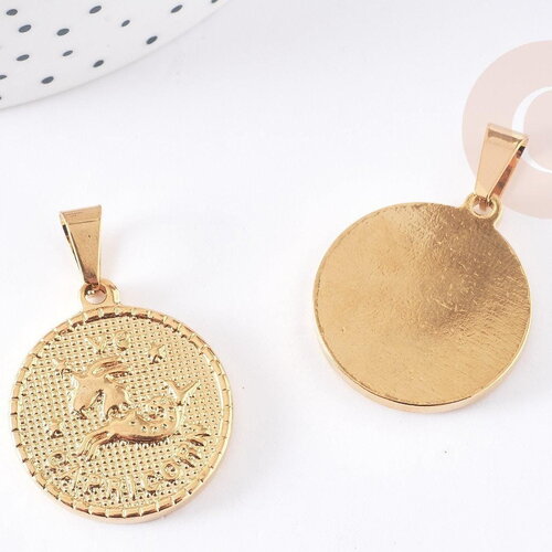 Pendentif médaille ronde capricorne acier doré 29mm, x1 g0818