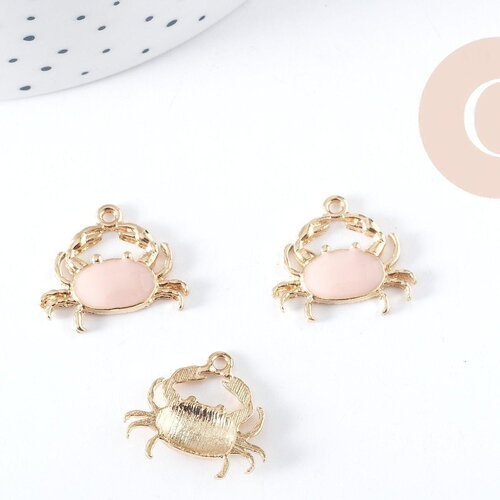 Pendentif crabe zamac doré émail rose 15mm, x1 (g8991)