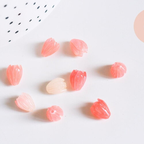 Perles bourgeon fleur résine rose 8.5x7mm,perle , x10 (g7084)