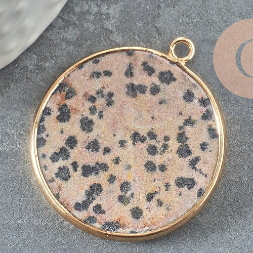 Pendentif ronc jaspe dalmatien naturel laiton doré 36mm, x1 (g2814)