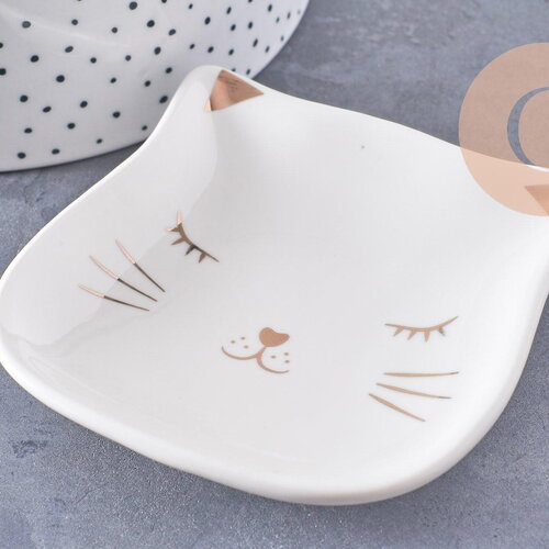 Coupelle présentoir à bijoux tête de chat porcelaine blanche et or 85mm, x1 (g10330)