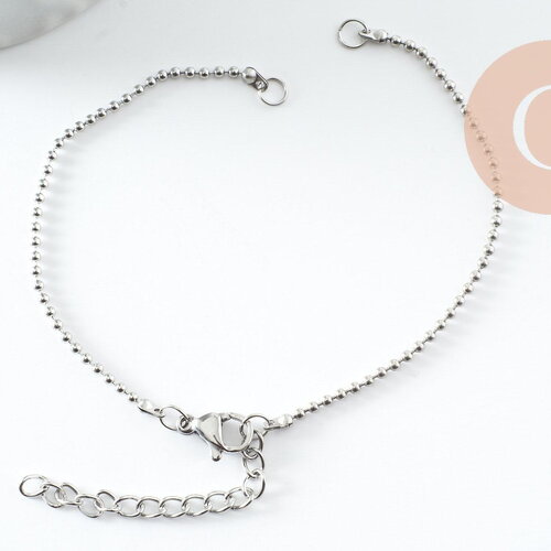 Base de bracelet chaine maille boule acier 304 inoxydable platine 1mm-16.6cm, x1 (g9482)