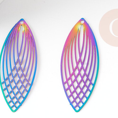 Pendentif estampe filigrane feuille ovale acier arc-en-ciel, pendentif très fin et léger, 40x16mm, x2 (g4443)